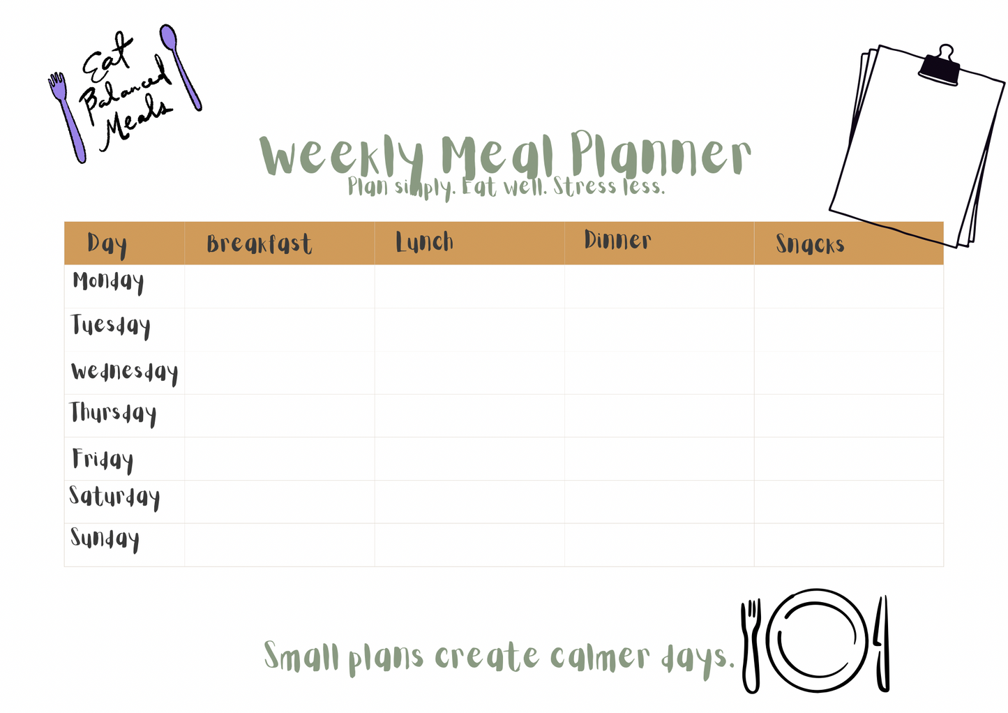 Weekly Meal Planner (Landscape Printable)